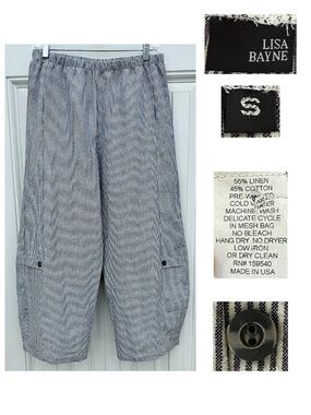 Lisa Bayne Small Linen Cotton Stripe  Wide Leg Lagenlook Pull On Pants